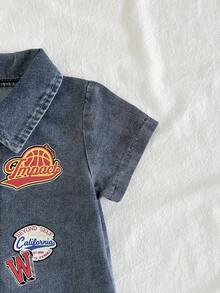 SHEIN Vintaside Kids 男嬰夏季運動數位籃球印花短袖連身衣 - 霧霾藍 - 查看 6