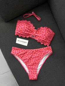Swim Mod 女款泳衣，女孩，鏤空花瓣邊飾平口式，甜美可愛，碎花印花，紋理羅紋布料 - 彩色 - 查看 2