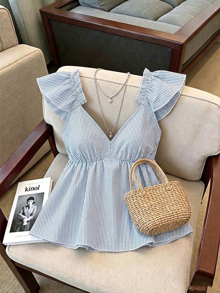 Franclia European Women Plus Size Striped Slimming V-Neck Flutter Sleeve Versatile Top Sweet Backless Sexy Tank Top - Blue and White - View 1