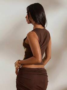 Opulessa Spring/Summer Vacation Solid Color Knit Fitted Women's Tank Top - Brown - View 3