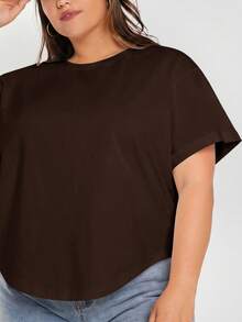 SHEIN BASICS 大尺碼夏季休閒百搭純色短袖T恤 - 棕色 - 查看 3