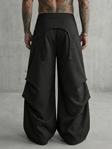 AXEPEAK Men's Fashion Commute Striped Wide Leg Pants - Black - View 2