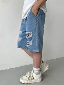 Tween Jungen Mode Casual Y2K Vintage Cool Straße Cut-Out zerrissene ausgefranste Basic einfach und bequeme Kordelzug Baumwolle elastischer Bund Jeans Shorts für den täglichen Gebrauch und Frühling bis Sommer Rave Festival und Streetwear - Blau - Übersicht 8