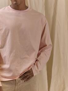 Musero Men Oversized Crewneck Long Sleeve Basic Plain T-Shirt Capsule Wardrobe Layering Spring&Summer - Baby Pink - View 2