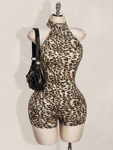 SHEIN ICON 女款豹紋掛脖修身連身褲 - 彩色 - 查看 4