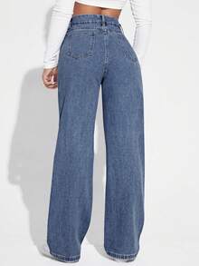 SHEIN EZwear 女士休闲时尚街头日常通勤破洞直筒牛仔裤 - 藍色 - 查看 2