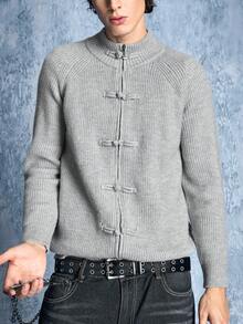 ROMWE MEN Men's Frog Button Raglan Long Sleeve Casual Knit Cardigan - Light Grey - View 1