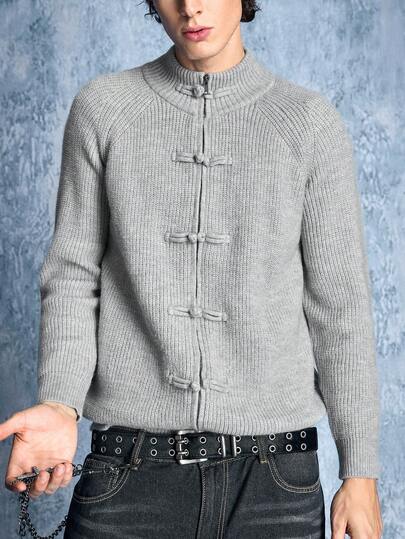 Men's Frog Button Raglan Long Sleeve Casual Knit Cardigan