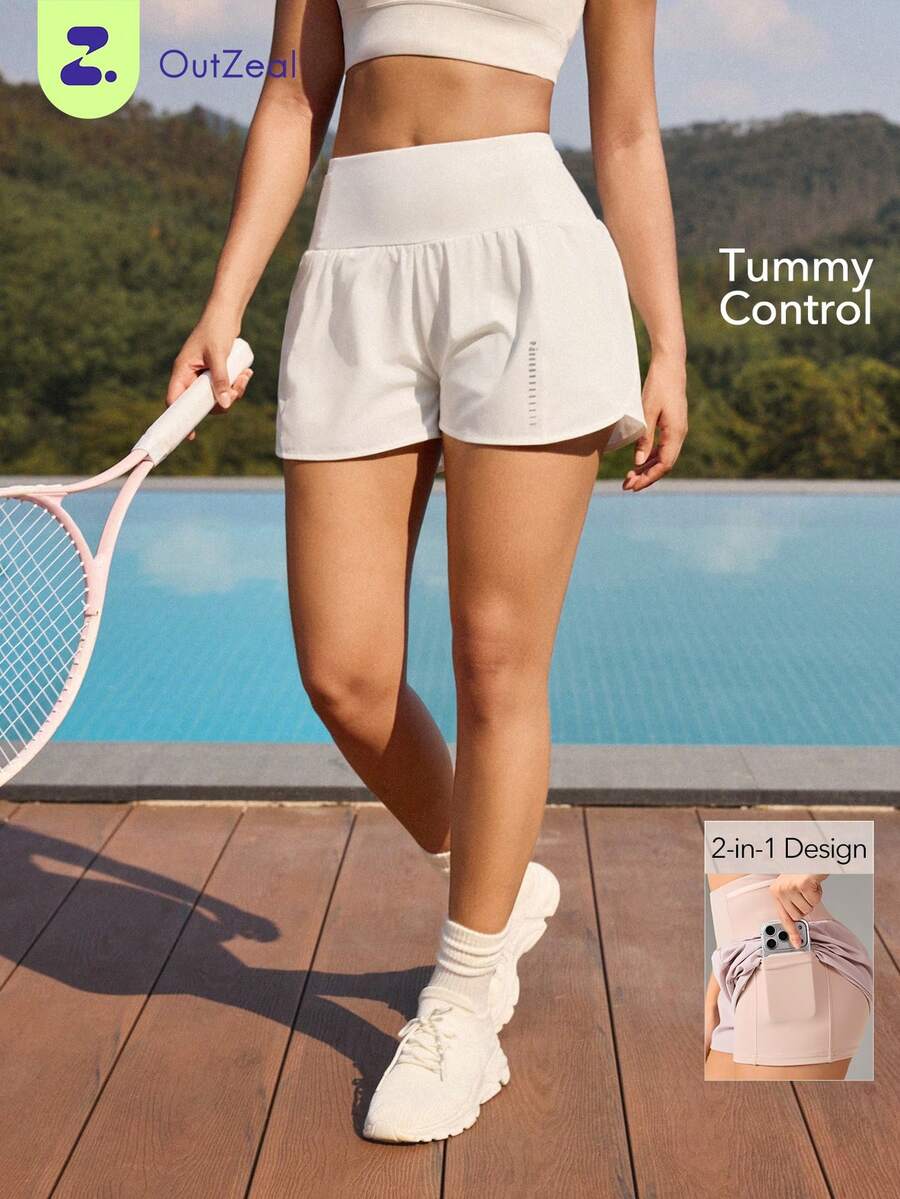 OutZeal 女款白色運動健身短褲 高腰內建內褲 夏季運動短褲 - 白色 - 查看 1