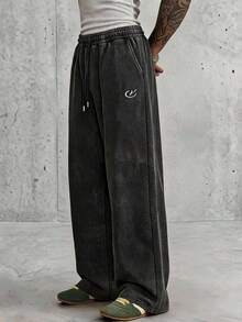 AXEPEAK Men's Spring Autumn Summer Casual Loose Long Pants Standard Size Embroidered Black Snow Wash - Black - View 1