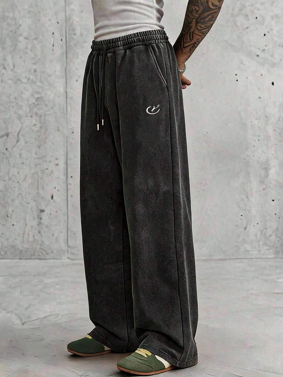 AXEPEAK Men's Spring Autumn Summer Casual Loose Long Pants Standard Size Embroidered Black Snow Wash - Black - View 1