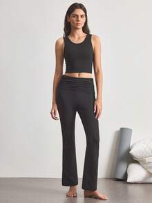 Ocili Women's Solid Color Minimalist Round Neck Tank Top And Pleated Long Pants Pajama Set - Black - View 4