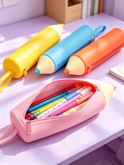 Zazumi 1PC Novelty Realistic Pencil Shaped Silicone Stationery Bag, Premium Soft Silicone With Vivid 3D Pencil Shape & Bright Color Design, Large Capacity Zipper Pen Organizer With Carry Strap