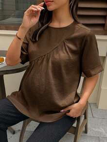 DAZY White Round Neck Short Sleeve Pullover Top, Versatile Spring/Summer Daily Wear Maternity Shirt - Brown - View 4