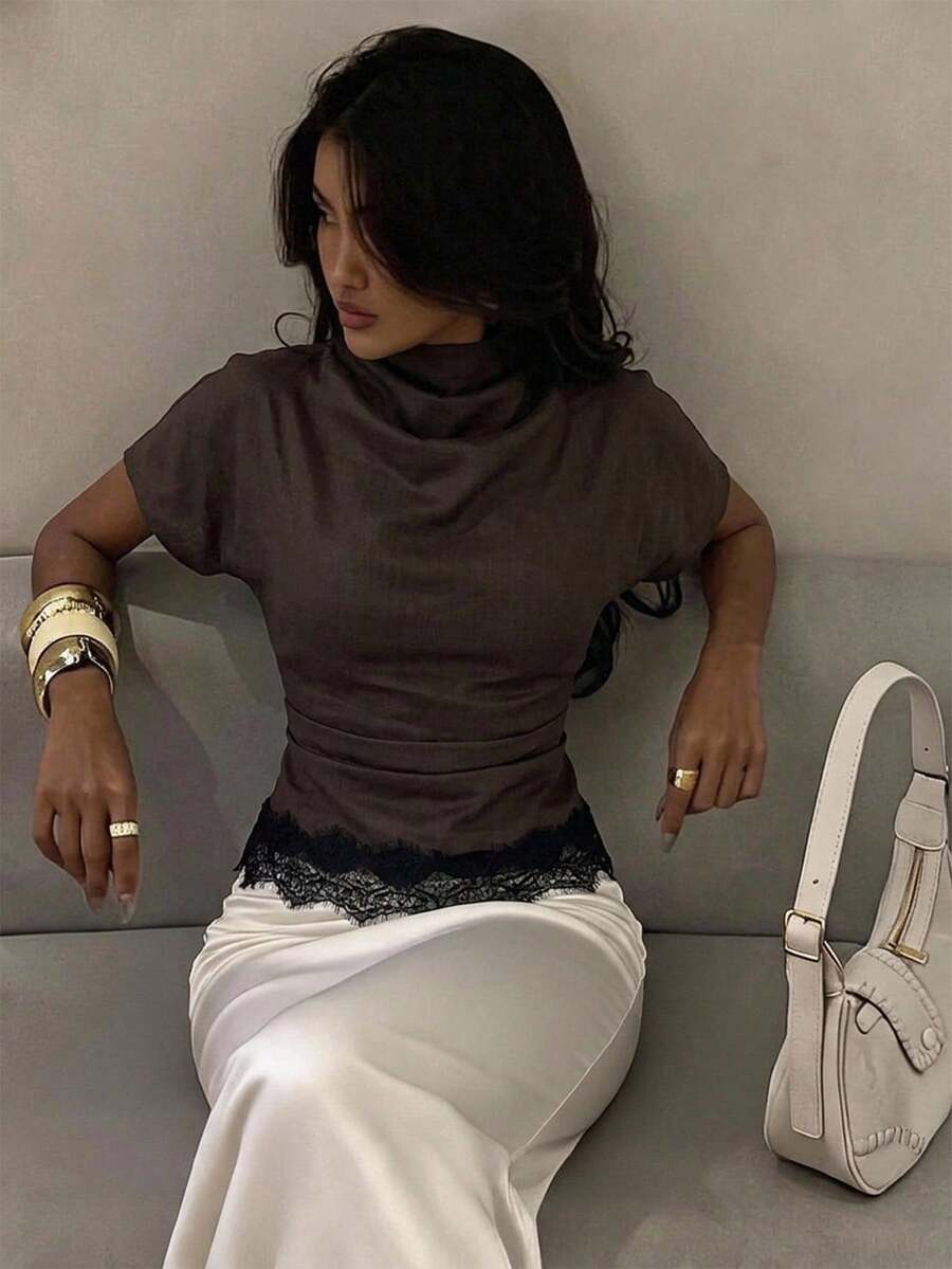 Firerie 女款夏季抓皺領不對稱袖側腰抓皺修身通勤杏色竹麻布襯衫,四季皆宜 - 棕色 - 查看 1
