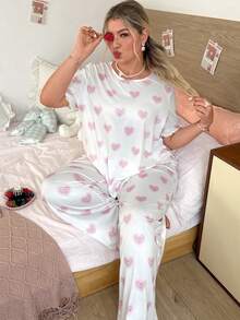Slumberry CURVE Plus Size Women Sweet INS Heart Tulip Ditsy Floral Short Sleeve Long Pants Pajama Set - Pink - View 6