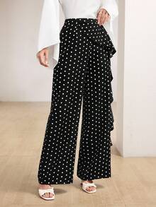 Graceveil Polka Dot Print Wavy Hem Elegant Fashionable French Style Long Pants - Black - View 4