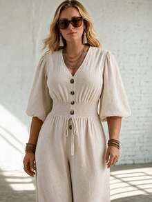 Ceyna Fashion Loose Casual Long V-Neck Short Sleeve Jumpsuit Fall - Khaki - View 4