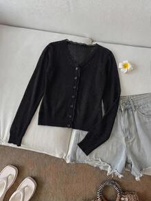 SHEIN LUNE 女款休閒夏季度假通勤日常基礎時尚外套 秋冬長袖對比蕾絲貝殼飾邊開襟衫 - 黑色 - 查看 7