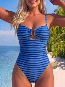 SHEIN Swim 女士新款条纹U领连体泳衣 - 藍色 - 查看 3