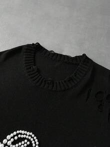 ROMWE MEN Street Life Men's Letter Beaded Round Neck Short Sleeve Distressed Knit Top - Black - View 4