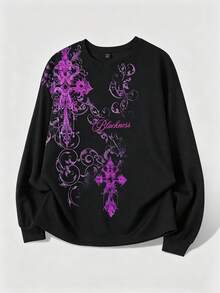 ROMWE MEN Goth 男士華夫格面料哥德式十字印花套頭運動衫，適合秋冬日常穿著 - 黑色 - View 6