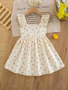 SHEIN LMoss Kids 少女黃色碎花印花度假風可愛度假洋裝，黃色蝴蝶結夏季可愛度假生日洋裝 - 黃色 - 查看 2