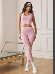 Eassivo Eassivo Women's Backless Halter Top & Leggings Sports Set - Dusty Pink - View 6