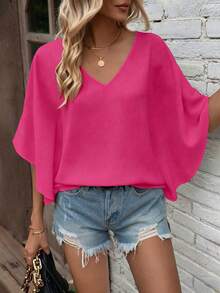 EMERY ROSE Blus Wanita Polos Leher V Lengan Kelelawar Kasual untuk Musim Panas - Hot Pink - View 5