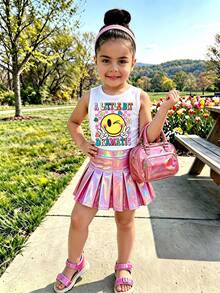 SHEIN Elladie kids Set di canotta con stampa di lettere e cartoni animati e gonna plissettata laser per ragazza giovane - Rosa - Visualizzare 8