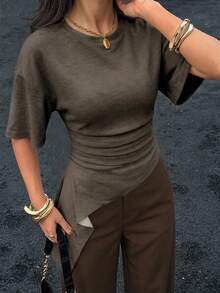 Siren Gaze Women's Solid Color Pleated Casual Versatile Daily Short Sleeve T-Shirt Brunch Dark Brown Summer - Brown - View 7