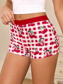 Betty Boop x SHEIN Women's Plaid Cherry Print Casual Everyday Hipster Panties - Red - View 6