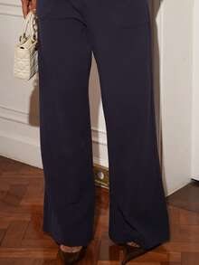 Sandy Gomes Plain Casual Straight Leg Trousers With Pockets, Low-Rise - Navy Blue - View 3