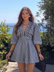 KARISMINA Woven Plaid V-Neck Puff Short Sleeve Women's Jumpsuit - Navy Blue - View 9