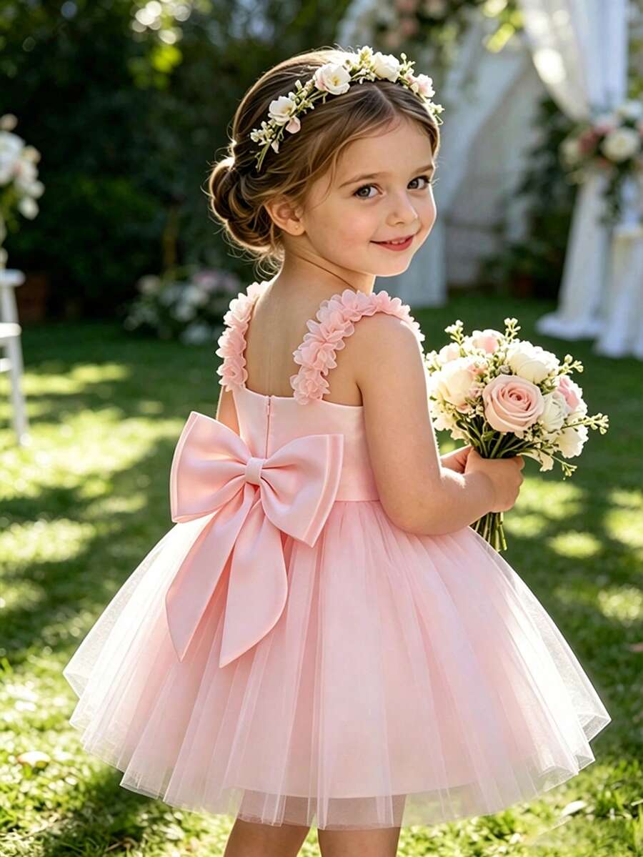 Glamorique Kids 女嬰優雅淡粉色公主風網紗洋裝 嬰兒花童婚禮生日派對正式蓬蓬禮服 大蝴蝶結 夏季款