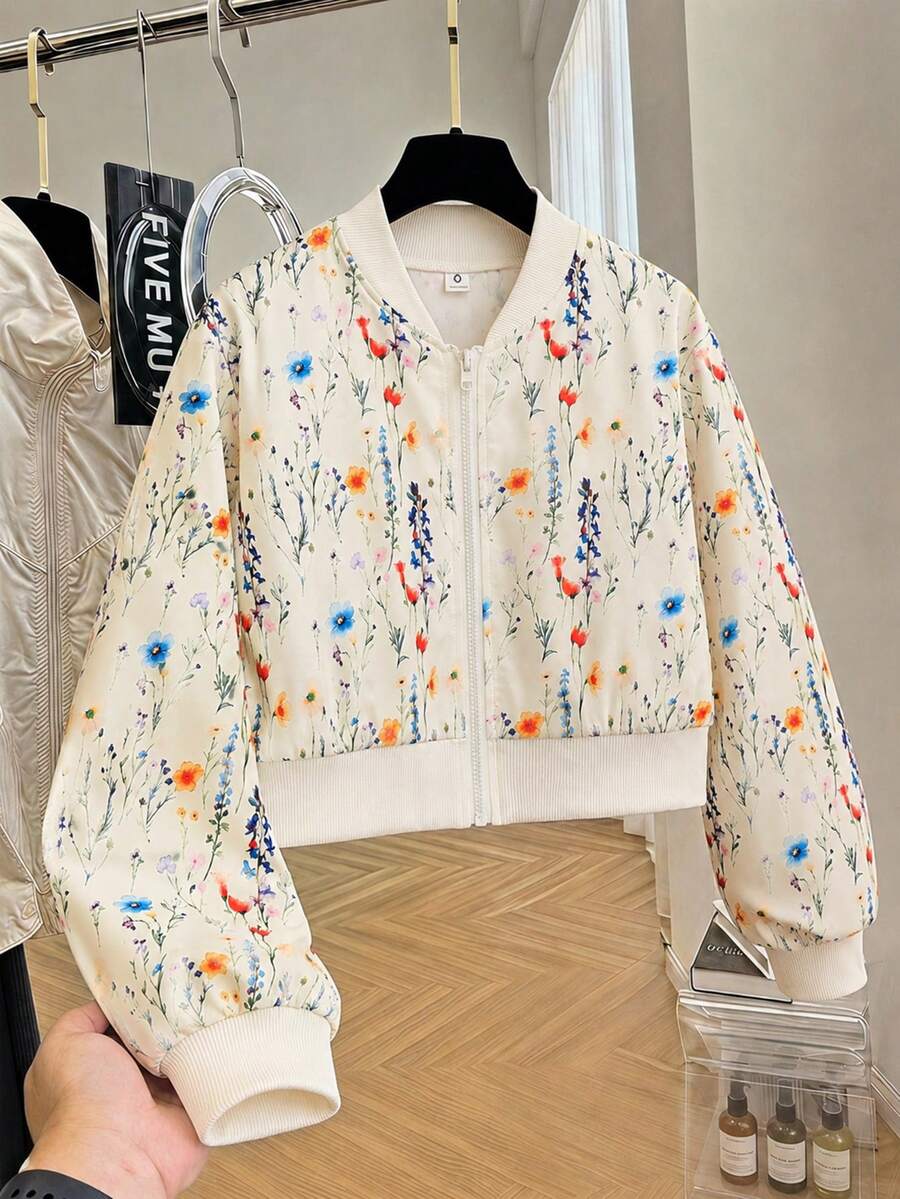 Tween Girl Floral Print Long Sleeve Zipper Front Baseball Jacket - Apricot - View 1