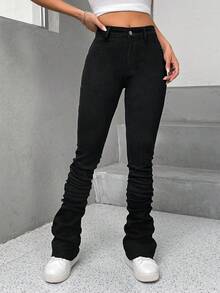 SHEIN PETITE Jeans de bolsillo inclinado apilados de unicolor, para mujeres petite - Negro - View 5