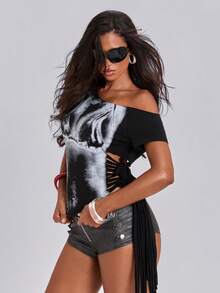 ACID BLVD Spring Summer Autumn Street Style Retro Y2K Asymmetric Neck Body Negative Print Backless Cut-Out Waist Tie Top - Black - View 5
