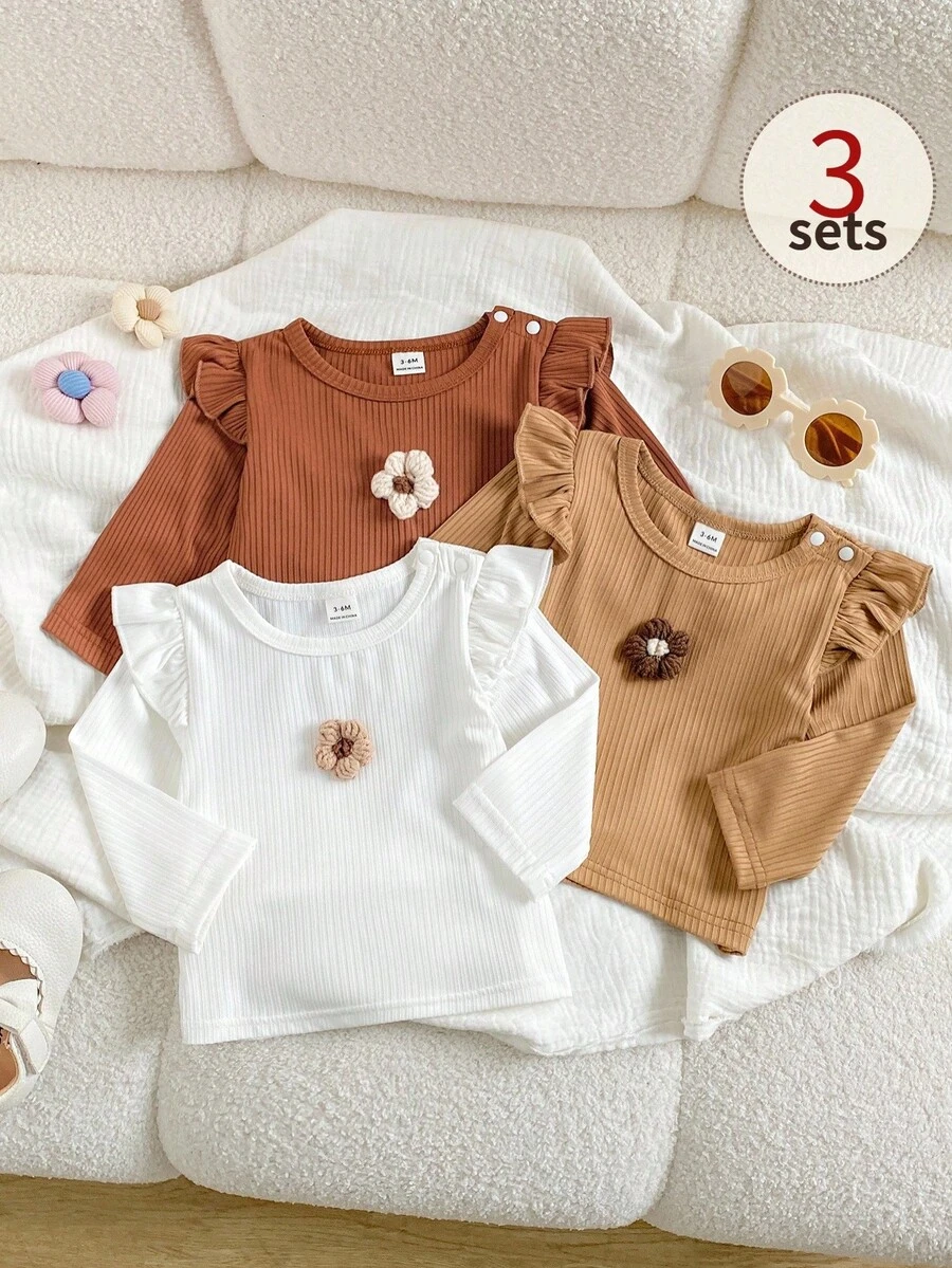 SHEIN Playful Pals 女嬰休閒百搭圓領荷葉袖前中3D鉤編花朵多色上衣多件套秋季 - 棕色 - 查看 1