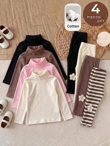 SHEIN Emery Rose Kids 女童小女孩 4件組 高領羅紋針織休閒T恤 高領上衣 秋季女童服飾 適合日常休閒穿著 - 彩色 - 查看 3
