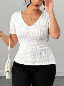 Elenzga Plus Size Women's Solid Color Textured Short Sleeve Slim Fit T-Shirt - White - View 4