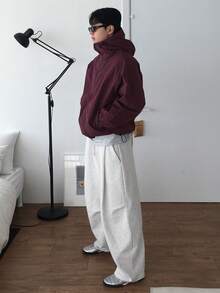 DAZY Spring/Autumn Small Loop Knit Sweatshirt Fabric Grey Knee Pleated Curved Leg Loose Waistband Drawstring Relaxed Fit Men's Pants - Grey - View 7