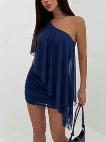 Aloruh Women's Solid Color One Shoulder Ruffle Fashion Mini Dress For Vacation - Navy Blue - View 7