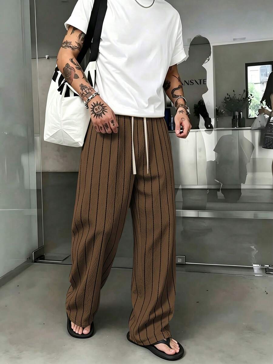 STEELVANCE 男士條紋抽繩腰口袋休閒運動長褲 - 棕色 - 查看 1