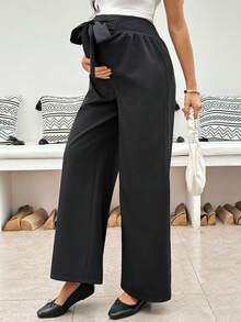 SHEIN Maternity Casual Versatile Solid Color Tie Waist Pants - Black - View 6