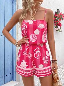 Vivid Eden Mono de verano con cordón para mujer, estampado de bloques de color con palmeras tropicales y conchas, para vacaciones en la playa - Rojo y blanco - View 4