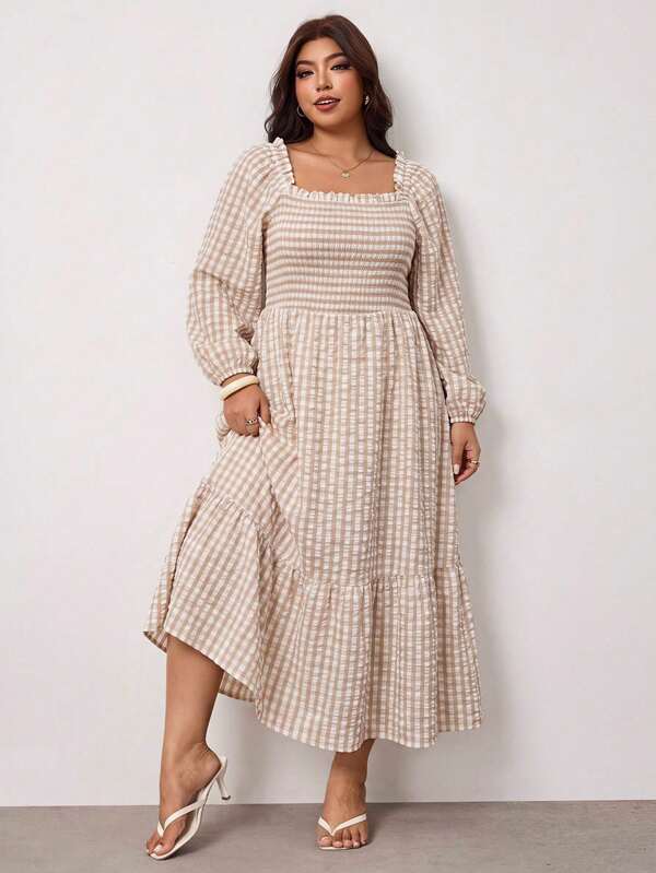 Enliva Plus Size Women's Vacation Loose Plaid Dress