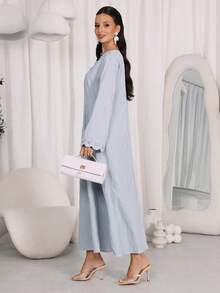 Al Najma Women's Solid Color Shell Trim Elegant Modest Long Sleeve Arabic Dress Dates Summer - Blue - View 3
