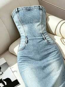 Resyla Women's Summer Fashion Casual Washed Bandeau Denim Dress - Multicolor - View 4