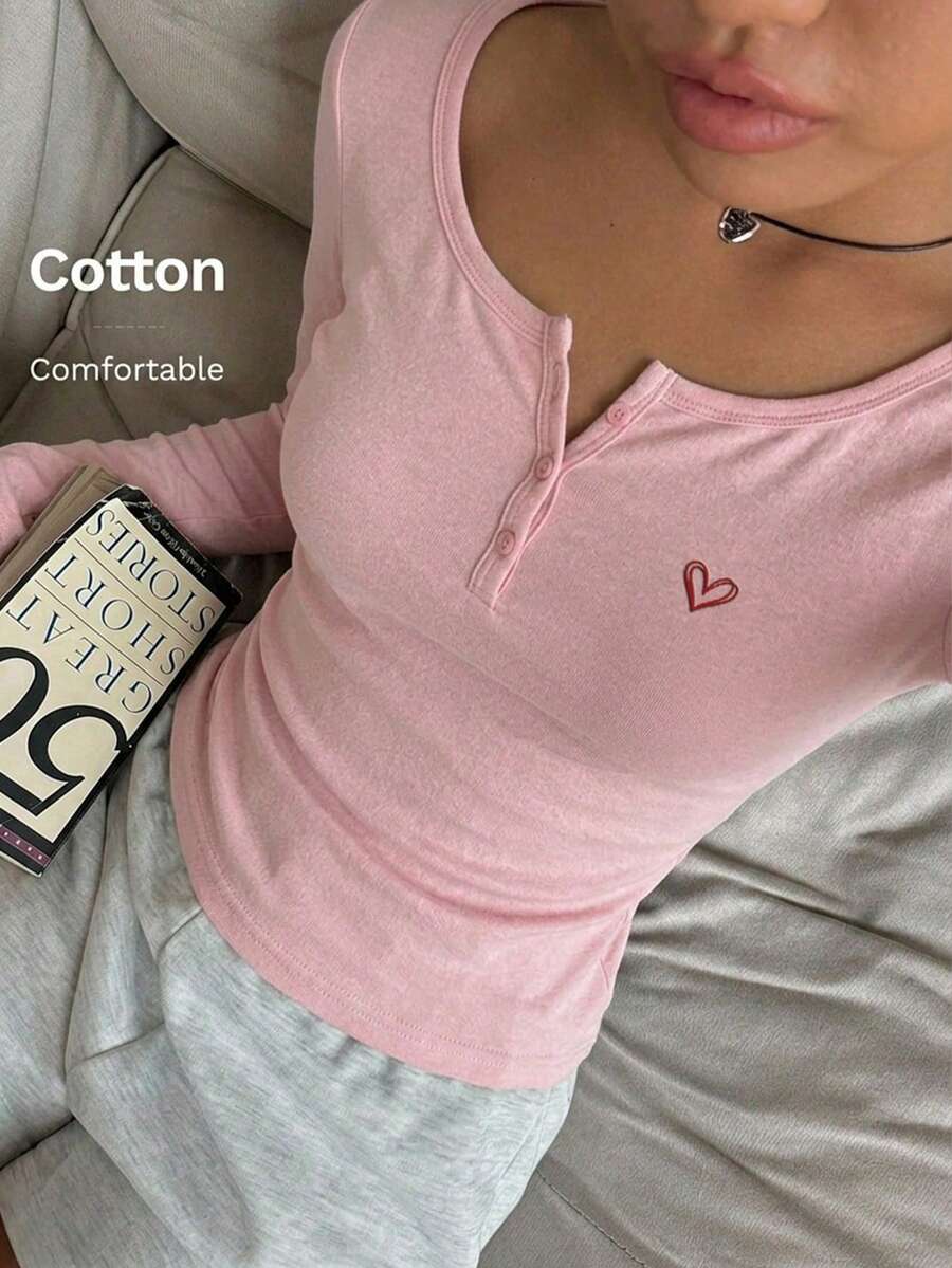 CovetEZ 女士休闲简约红色3D压纹图案棉混纺半拉链T恤,春夏百搭,可作内搭 - 粉色 - 查看 1